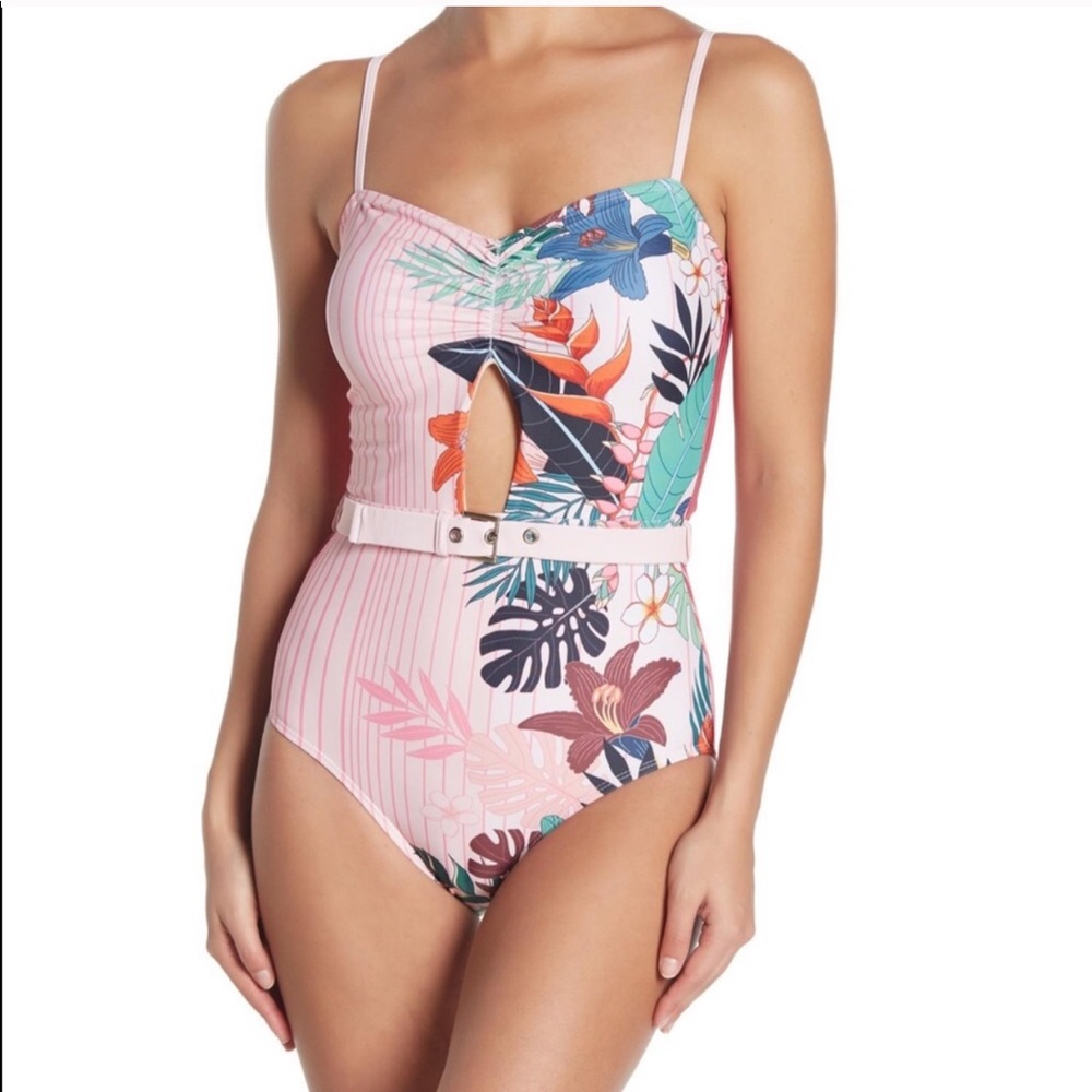 NICOLE MILLER Blush Floral Belted One Piece Bathing Suit